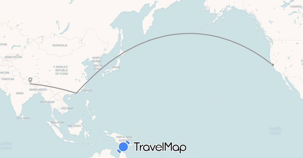 TravelMap itinerary: driving, plane in China, Nepal, United States (Asia, North America)